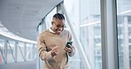 Phone, surprise and black man celebrate in office lobby, victory of winner and success in goal. Smartphone, wow and achievement of African person for bonus prize in good news, lottery and promotion