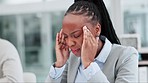 Stress, headache and businesswoman in the office with burnout working on a project with deadline. Migraine, tired and professional young African female lawyer sitting in a meeting in the workplace.