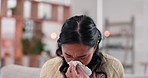 Woman, sneezing and allergies, blowing nose and sick while at home with health and medical crisis. Tissue, infection with cold or flu, healthcare and illness, relax on couch with virus and recovery