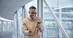 Smartphone, surprise and black man in celebration in office lobby, winner or success in goal. Phone, wow and achievement of excited African person for bonus prize in good news, lottery and promotion