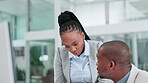 Coaching, paperwork or manager talking to black man with documents for a collaboration in office. Learning, online or African businesswoman training, teaching or helping employee on digital research