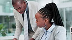 Learning, paperwork or manager training black woman with documents for collaboration or teamwork. Computer, online or African businessman coaching, teaching or helping employee for digital research