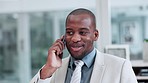 Smile, business deal or black man on a phone call talking, networking or speaking of ideas in office. Happy, mobile communication chat or entrepreneur in conversation, discussion or negotiation offer