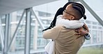 Airport, running and couple hug for reunion, greeting and welcome from vacation, holiday and arrival. Travel, dating and excited woman and man embrace in terminal for international or global trip
