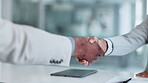 Manager, hands and business people shaking hands after a b2b meeting, success or contract agreement. Closeup, hiring or boss with handshake to welcome a worker in a partnership project deal in office