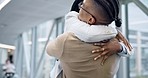 Airport, excited and couple hug for reunion, greeting and welcome from vacation, holiday and arrival. Travel, dating and woman running to man for embrace in terminal for international or global trip