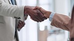 Business people, handshake and job interview, meeting or welcome to partnership, career deal or b2b opportunity. Professional clients shaking hands for recruitment, onboarding and hiring introduction