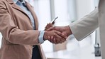 Business people, shaking hands and job interview, Human Resources meeting or welcome to partnership, deal or opportunity. Professional clients handshake for recruitment, HR hiring and introduction