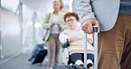 Business people, airport queue and closeup with luggage, global immigration and international flight. Travel group, terminal and wheelchair accessibility for person with disability for transportation