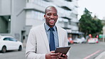 Business, face and black man on tablet in city for planning, reading online news report and research information. Portrait of happy worker, digital tech and review network on internet in urban street