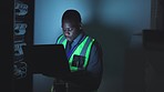 Black man, laptop and control room, maintenance and system update with information technology and technician. Server, internet and engineering, cables and software with cybersecurity and inspection