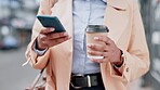 Person, hands and scroll phone on coffee break and walking in city, street or reading communication on commute to workplace. Mobile app, ux or business woman with network connection to contact client