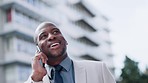 Black man, phone call and city in business conversation, communication or outdoor networking. Happy African male person or employee talking on mobile smartphone in conversation on street sidewalk