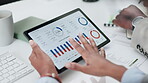 Stats meeting, `screen and hands with a tablet for finance management, growth or research. Talking, team and accounting employees with technology for a strategy, analytics or working on data