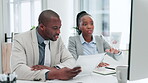 Computer, teamwork or manager coaching black man with documents for a collaboration in office. Paperwork, online or African businesswoman training, teaching or helping employee for digital research 