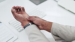 Wrist pain, injury or hands of businessman in office emergency with crisis, accident or burnout. Carpal tunnel, muscle sprain or closeup of injured palm of a professional employee at the workplace