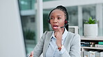 Crm, financial advisor or black woman in a telemarketing call center consulting or communication for loan advice. Finance,  computer or virtual assistant talking or speaking online on mic in office