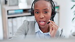 Face, virtual assistant or black woman in a telecom call center consulting or communication for loan advice. Finance info, computer or financial advisor talking or speaking online on mic in office 