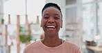 Happy, face and a black woman in a house, laughing and relax in a living room. Smile, home and the portrait of an African girl or person with a joke, confident or in the lounge of an apartment