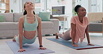 Fitness, yoga and friends in the living room of a home together for wellness or body flexibility. Exercise, health and training on the floor with young yogi women in a house for a pilates workout