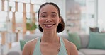 Yoga, face and happy woman in a living room for training, wellness and fitness in her home. Pilates, portrait and female smile for workout, routine and holistic exercise for mental health in a house 