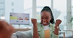 Catch, popcorn and black woman in celebration in living room, apartment or friends in house together on sofa. Fun trick, winning and person with smile, laughing and people playing with food on couch
