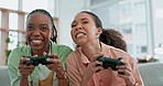 Friends, video games and women on sofa playing online, virtual and digital game in living room. Gamer entertainment, gaming and excited people with controller for bonding, relax and fun at home