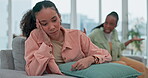 Woman, lesbian and couple in fight, divorce or conflict and argument on living room sofa at home. LGBTQ or frustrated female person in stress, toxic relationship or breakup from dispute in the house