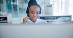 Black woman, call center and consulting on headphones in customer service, support or telemarketing at office. African female person, consultant or agent talking in online advice or help at workplace