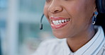 Black woman, call center and mouth consulting on headphones in customer support, service or telemarketing at office. Closeup of African female person, consultant or agent talking in online advice