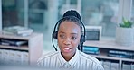 Black woman, call center and consulting on headphones in customer support, service or telemarketing at office. African female person, consultant or agent talking in online advice or help at workplace