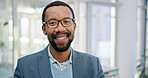 Smile, black man and office portrait for business with a positive attitude and glasses. Face of a professional African person from Kenya with pride and confidence in career or corporate company
