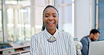 Laughing, black woman and portrait for business in an office with a positive attitude and a smile. Face of a professional African person from Kenya with confidence and pride for career or company