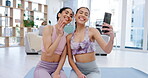 Fitness, yoga or friends take a selfie for a social media post after exercise or workout in house studio together. Happy, wellness or healthy women take photo or picture after training in living room