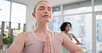 Meditation, yoga and wellness with woman in class for peace, fitness or spiritual health. Balance, mindfulness and zen with person and relax in studio for holistic, breathing and energy training