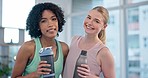 Fitness, friends and face of women hug at a sports studio after yoga, training or workout together. Exercise, portrait and happy woman embrace personal trainer at gym for pilates, wellness or health