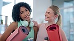 Yoga, friends and happy women face in a home studio after workout, training or holistic exercise together. Smile, portrait and lady athletes laughing, fun and relax after pilates fitness meditation