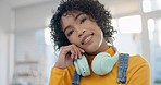 Face, home and woman with headphones, relax and streaming music with sound, audio and peace. Portrait, happy person or girl in a living room, headset and podcast with casual outfit, comfort and songs