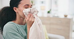 Laundry, fresh and a woman smelling a scarf in her home while spring cleaning in her home for hygiene. Fabric, material or aroma with a happy young person in an apartment for housework or chores