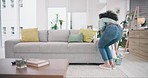 Cleaning, home and woman relax on sofa after housework for hygiene, disinfection and healthy apartment. Housekeeping, maid service and happy person rest on couch tired from washing, chores and tidy