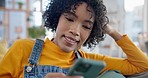 Woman, smartphone and typing on sofa in home, reading social media post or subscription online. Face of gen z girl scroll on cellphone for chat, download mobile games or search digital network on app