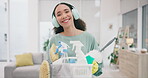 Cleaning, basket and equipment with face of woman in living room for sanitary, housekeeping and bacteria. Safety, health and dust with portrait of cleaner at home for protection, product and germs