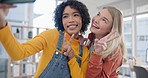 Girl friends, happy and selfie in home with peace sign and social media photo for post at home. Smile, profile picture and friendship of young women together in a living room with funny hand gesture