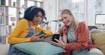 Friends, funny women and phone in home living room, comedy and meme on internet. Smartphone, girls and laughing at joke on social media, online email or website together on sofa in interracial house