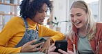 Phone, lesbian couple and funny women in home living room, interracial comedy and meme on internet. Smartphone, gay girls and laughing at joke on social media, video and website together on sofa.