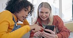 Home, friends and women with a smartphone, gossip and conversation on a couch, funny and relax. Girls on a sofa, people or cellphone with social media, connection or laughing with website information