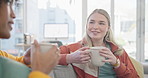 Coffee, friends and women in conversation in home on sofa, bonding or having fun together. Happy, girls talking and tea in lounge, smile and people drink espresso in living room of interracial house