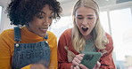Phone, friends and surprise of women in home living room in success, winner or good news. Smartphone, excited girls or wow on social media video, interracial and bond in achievement, lottery or bonus