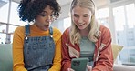 Phone, friends and wow of women in home living room streaming on internet. Smartphone, happy girls and surprise on social media, video and interracial bonding on website together to smile on sofa.