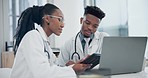 Tablet, discussion and team of doctors in an office in the hospital for a diagnosis treatment plan. Healthcare, conversation and African medical workers doing research on digital technology in clinic